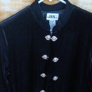 Stretchy jet black velour/velvet jacket w silver closures